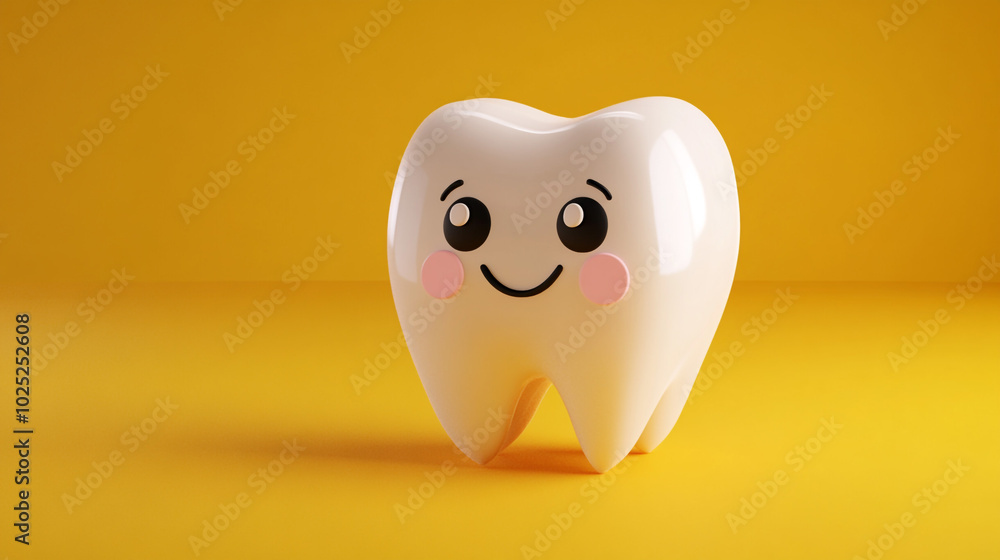 Happy Cartoon Tooth Smiling on Yellow Background Dental Health Concept Happy Cartoon Tooth Smiling on Yellow Background Dental Health Concept