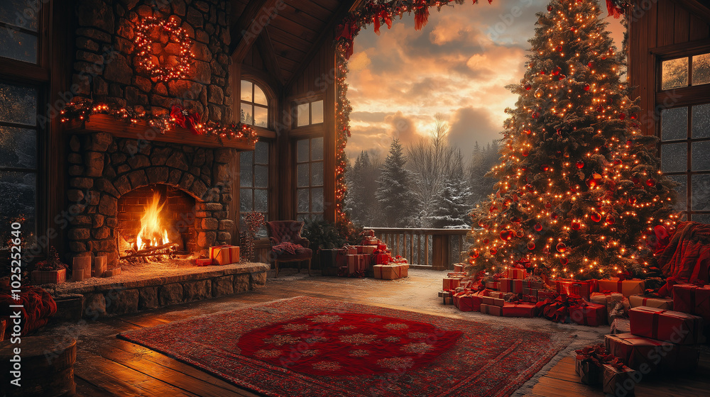 merry christmas decoration with Xmas tree with toys and fireplace indoors during happy new year eve holiday merry christmas decoration with Xmas tree with toys and fireplace indoors during happy new year eve holiday