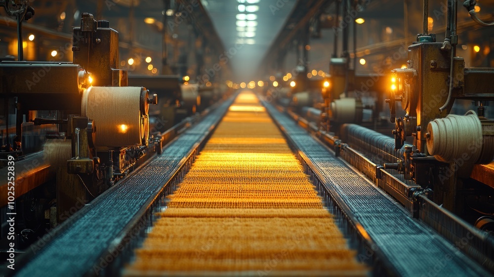 A long row of textile machines in a factory, with yellow threads running along the conveyor belt, and lights in the background. A long row of textile machines in a factory, with yellow threads running along the conveyor belt, and lights in the background.