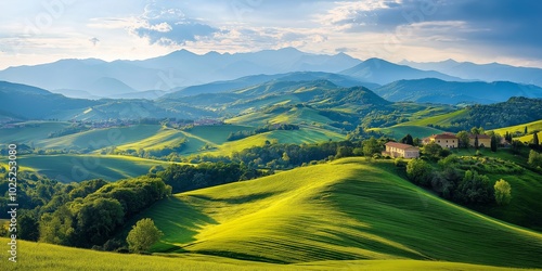 This image portrays beautiful rolling green hills and valleys beneath a wide, expansive blue sky, embodying natural tranquility.