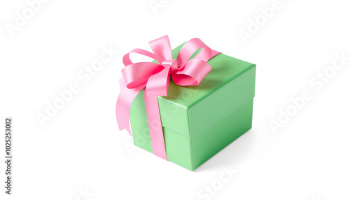 Green gift box with pink bow on white background. International Women's Day isolated with white highlights, png