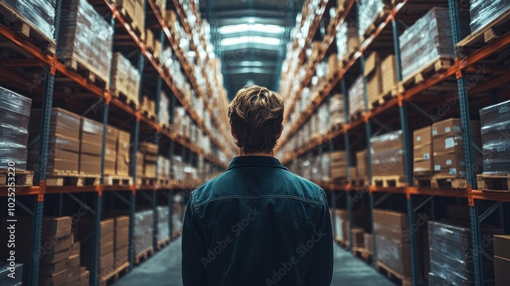 A man stands in a warehouse aisle, looking down the long rows of shelves stacked with boxes. A man stands in a warehouse aisle, looking down the long rows of shelves stacked with boxes.