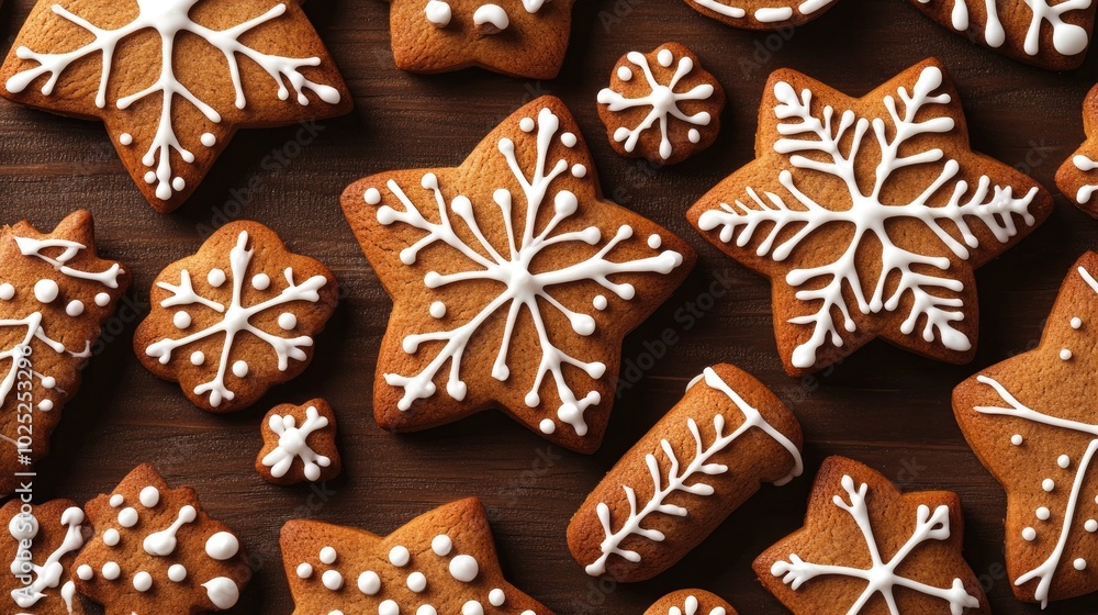 A delightful display of cute gingerbread star cookies with white icing and pink sprinkles, resembling snow peaks, on a soft fur surface, enhanced by red Christmas decorations. A delightful display of cute gingerbread star cookies with white icing and pink sprinkles, resembling snow peaks, on a soft fur surface, enhanced by red Christmas decorations.