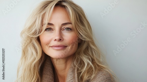 Portrait fashion shoot of a beautiful blonde middle aged female model nice contented expression and slight smile on a isolated studio background. Attractive, confident woman smiling softly