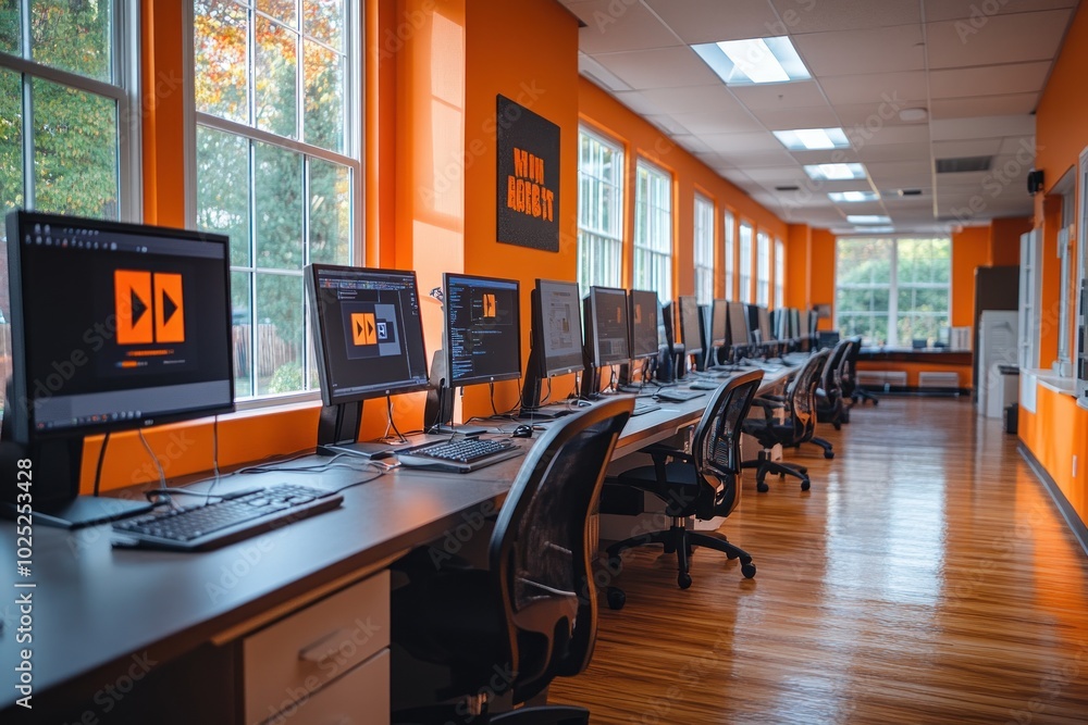 A row of computer workstations in a bright orange room with large windows. A row of computer workstations in a bright orange room with large windows.