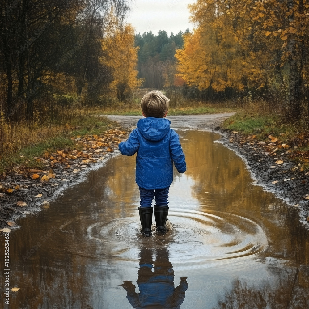 a boy, five years old, in a blue jacket, black rubber boots is walking through a puddle. a boy, five years old, in a blue jacket, black rubber boots is walking through a puddle.
