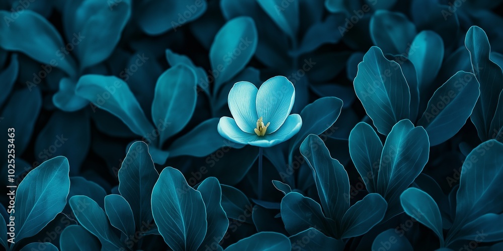 A central teal flower with delicate petals emerges distinctively among a sea of deep, shadowy leaves surrounding it. A central teal flower with delicate petals emerges distinctively among a sea of deep, shadowy leaves surrounding it.