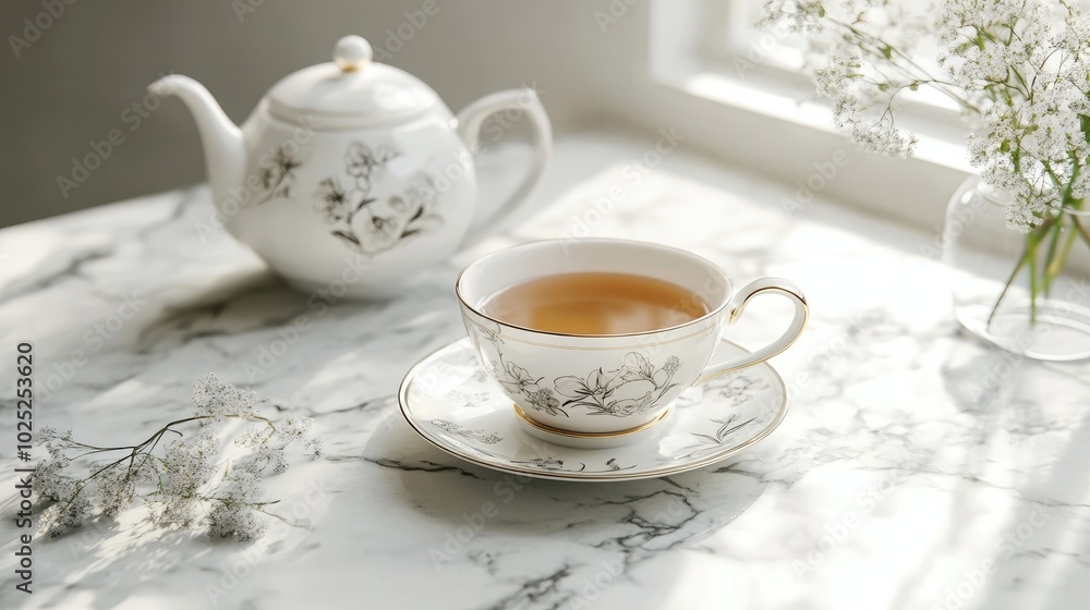 A tea set with delicate floral engravings on a white marble counter A tea set with delicate floral engravings on a white marble counter