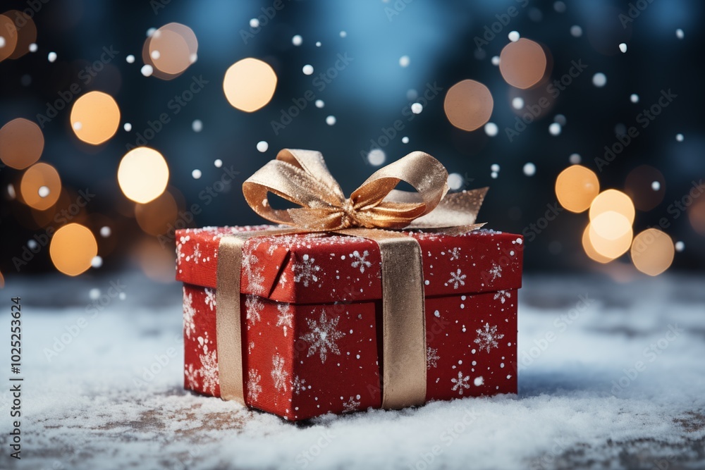 Φωτογραφία A beautifully wrapped red gift box with a golden ribbon in a snowy winter landsc
