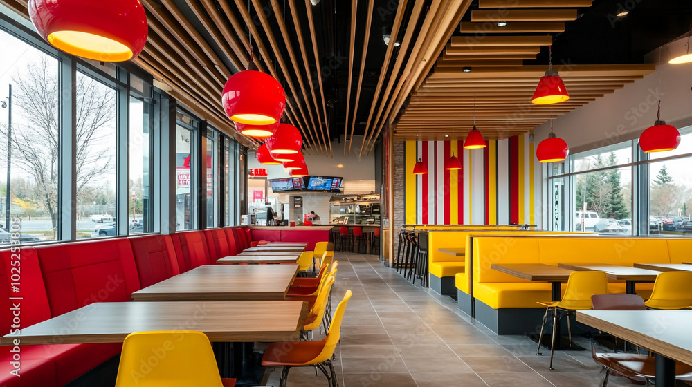 Fototapeta premium Modern Restaurant Interior Design with Red and Yellow Booths Wooden Ceiling and Pendant L