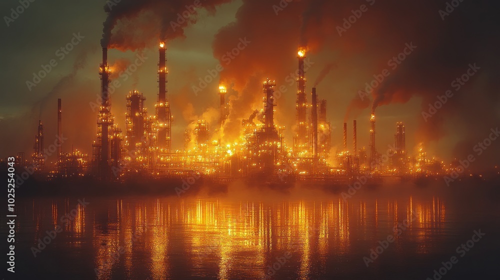 A fiery, industrial cityscape with smoke billowing from chimneys over a hazy river reflecting the orange glow of the factories. A fiery, industrial cityscape with smoke billowing from chimneys over a hazy river reflecting the orange glow of the factories.