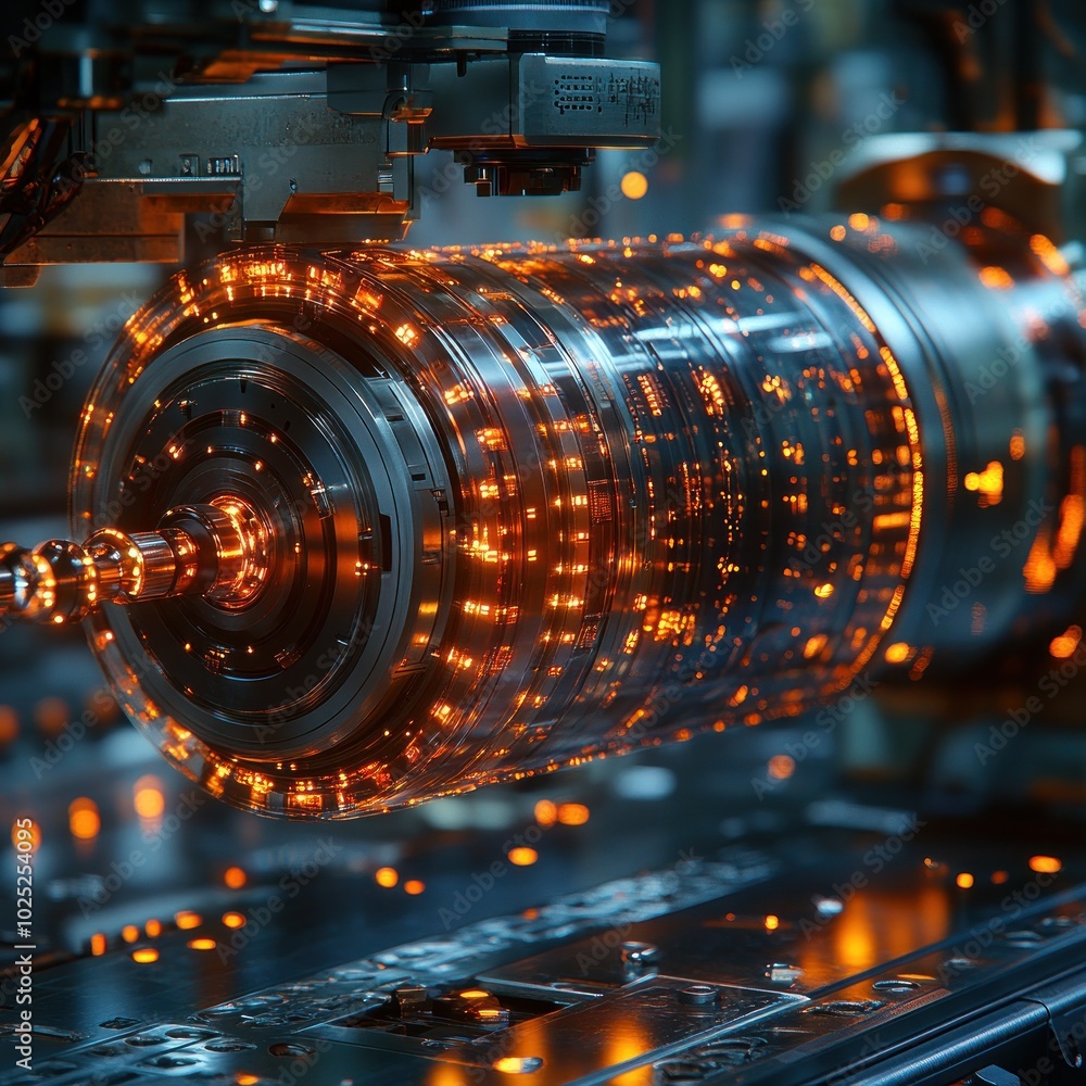 Close-up of a glowing, metallic cylinder being manufactured by a robotic arm in a futuristic factory. Close-up of a glowing, metallic cylinder being manufactured by a robotic arm in a futuristic factory.