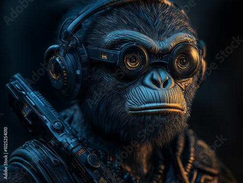 3D ape disc jockey at a lively rave scene