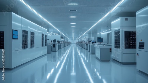 A long  sterile  and modern factory corridor with rows of white machinery and bright overhead lights.