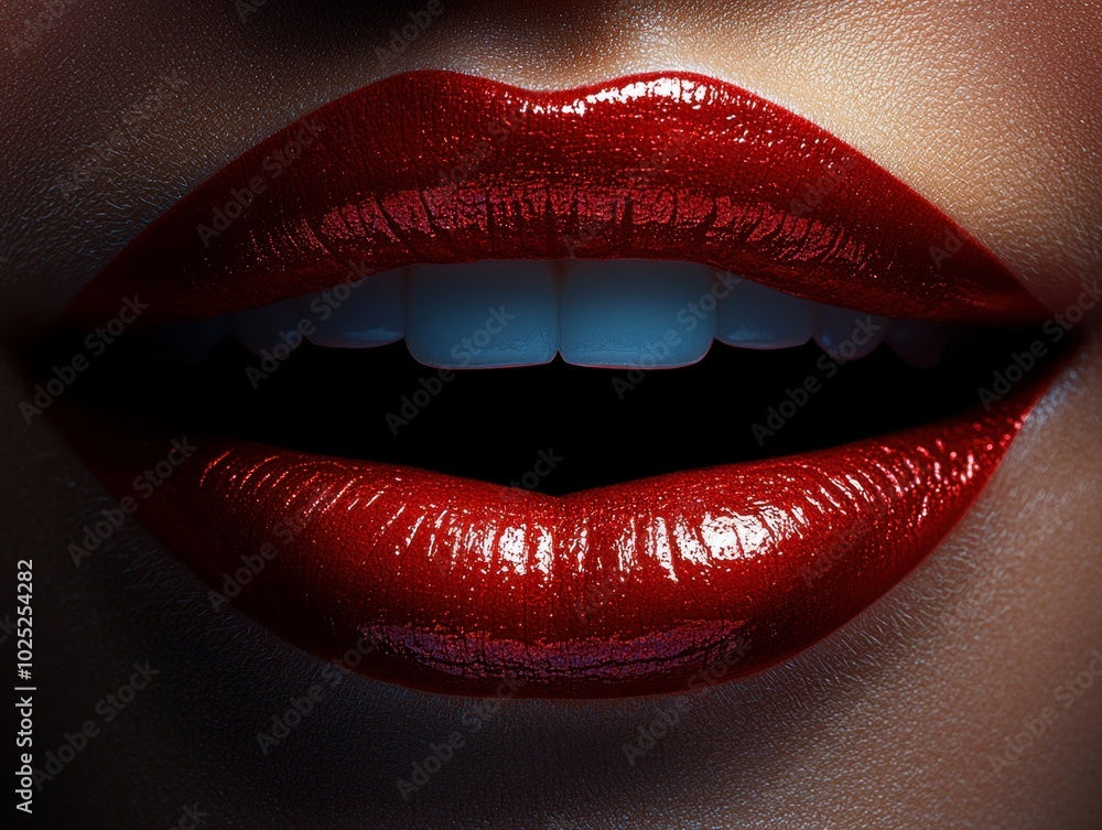 a large smile open woman's mouth, red lipstick, black background a large smile open woman's mouth, red lipstick, black background