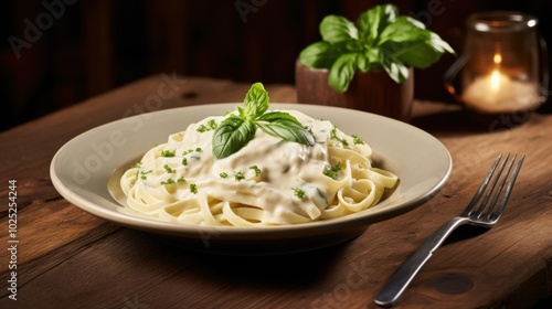 A plate of creamy pasta topped with fresh basil leaves, set on a wooden table, inviting indulgence and culinary delight. photo