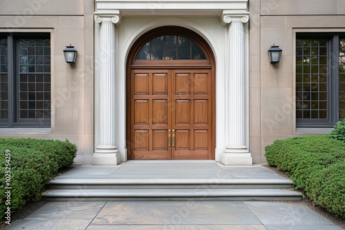 Elegant Front Door with Arched Wooden Double Doors