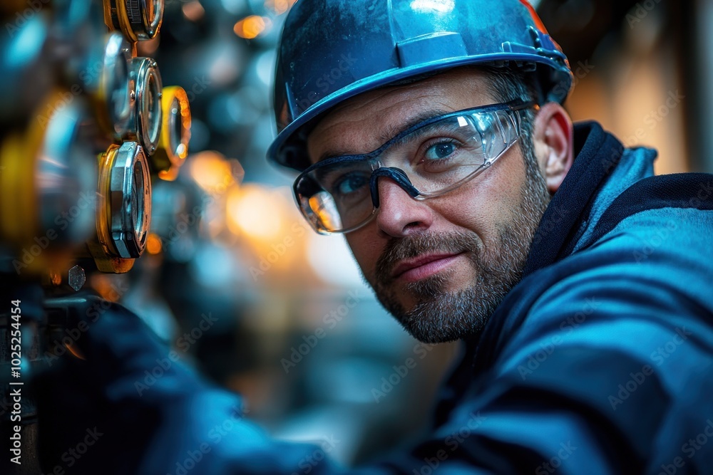 A male worker wearing a hard hat and safety glasses looks directly at the camera while working on machinery. A male worker wearing a hard hat and safety glasses looks directly at the camera while working on machinery.