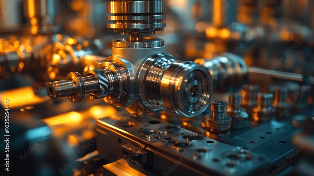 Close-up of a shiny metal part being machined in a factory. Close-up of a shiny metal part being machined in a factory.