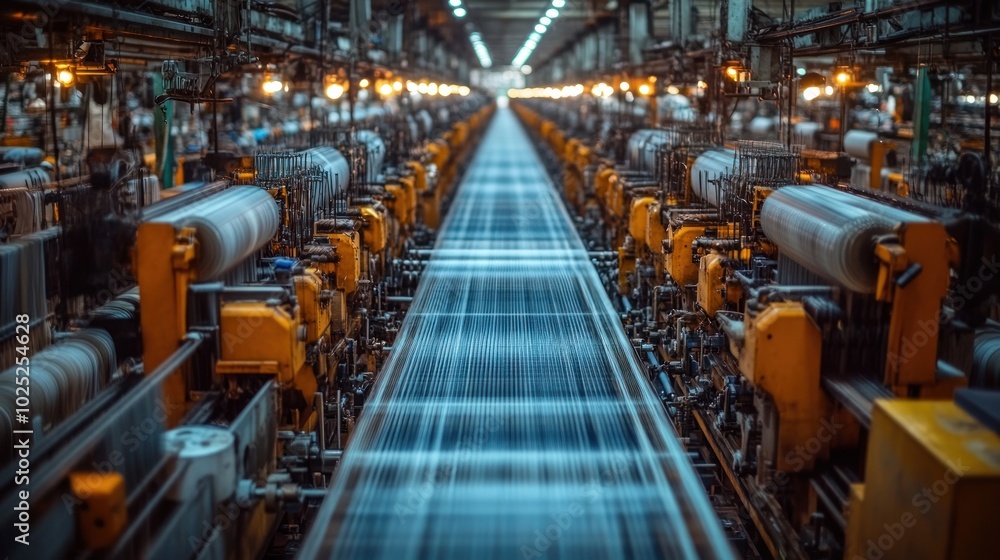 A long line of textile machinery in a factory setting. The machines are running and producing fabric. A long line of textile machinery in a factory setting. The machines are running and producing fabric.