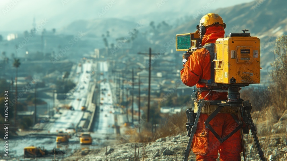 A surveyor in an orange jumpsuit and hardhat stands on a hillside overlooking a highway, using a surveying instrument to gather data. A surveyor in an orange jumpsuit and hardhat stands on a hillside overlooking a highway, using a surveying instrument to gather data.