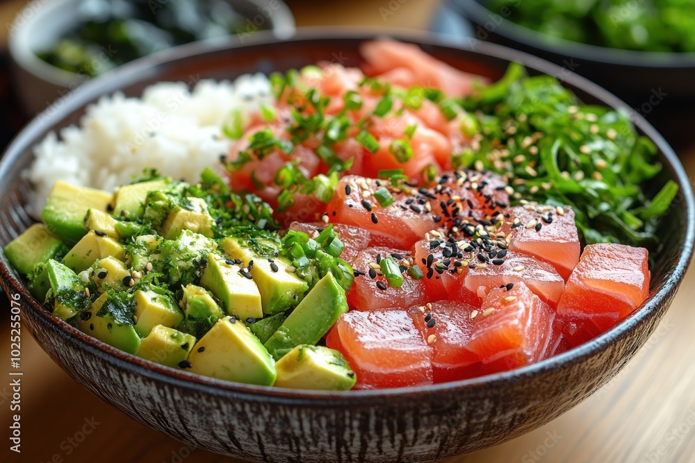 Close-up of a poke bowl with white rice, avocado, tuna, salmon, and seaweed. Close-up of a poke bowl with white rice, avocado, tuna, salmon, and seaweed.