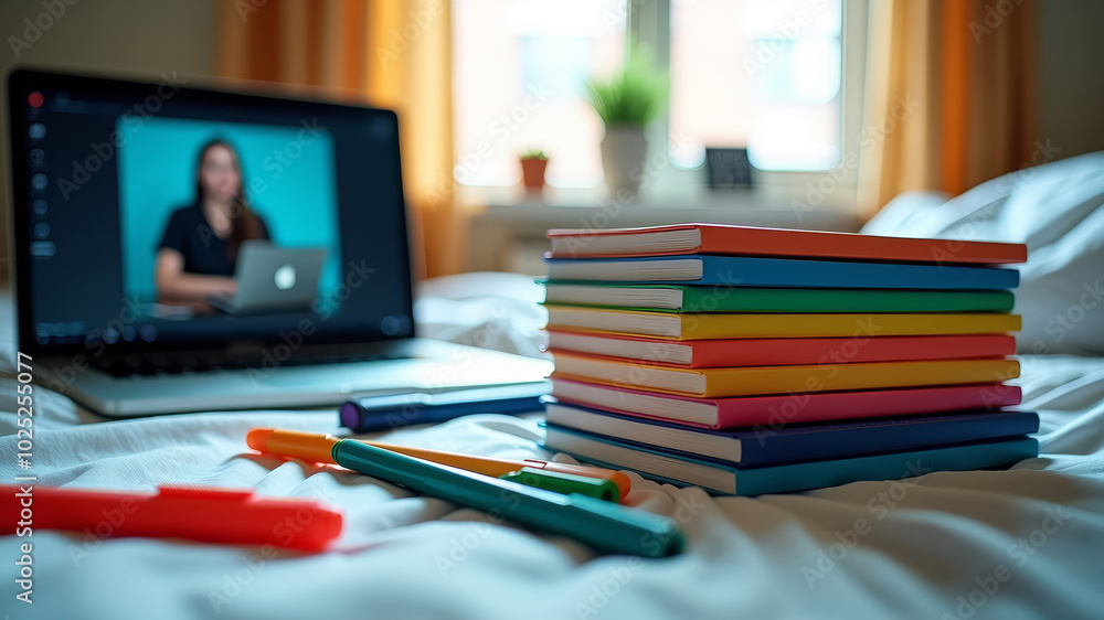 Study scene with laptop with screen showing online lecture, stack of colorful books, notebooks with pens and highlighters scattered around on university dorm room bed with soft day light from window. Study scene with laptop with screen showing online lecture, stack of colorful books, notebooks with pens and highlighters scattered around on university dorm room bed with soft day light from window.
