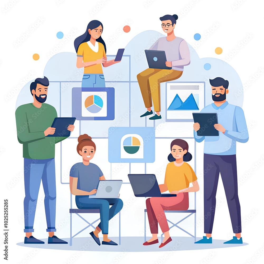 Team of professionals working together on laptops and tablets, collaborating on data and projects in a modern, digital workspace Team of professionals working together on laptops and tablets, collaborating on data and projects in a modern, digital workspace