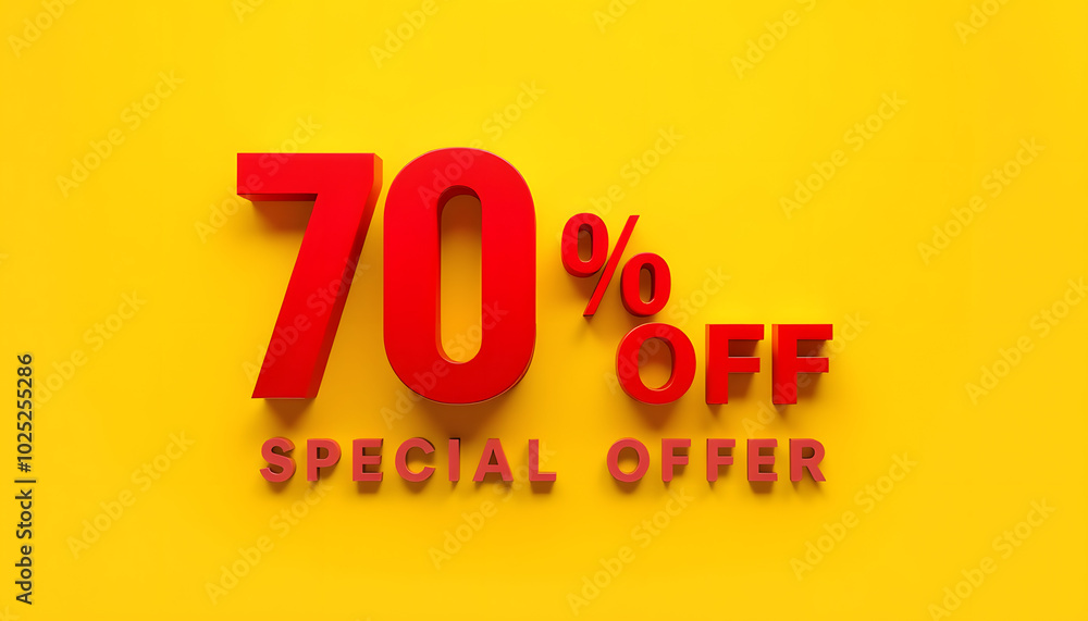 70 Percent Off. Discount and Special Offer. Red Text on Block Letter Tile against Yellow Background isolated with white highlights, png 70 Percent Off. Discount and Special Offer. Red Text on Block Letter Tile against Yellow Background isolated with white highlights, png