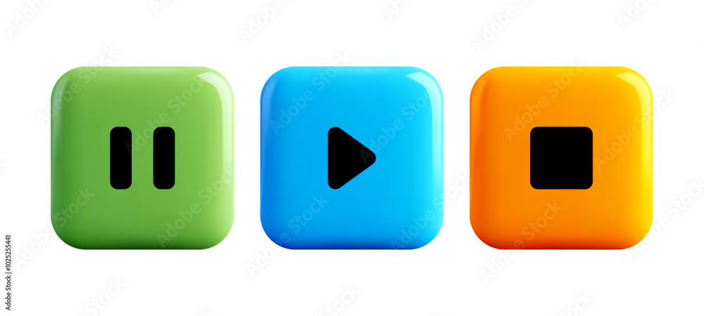 Set of 3d realistic play buttons. Video player template. Music player button. 3d vector icon. Colourful play pause stop buttons for modern style and designs. Vector graphic Set of 3d realistic play buttons. Video player template. Music player button. 3d vector icon. Colourful play pause stop buttons for modern style and designs. Vector graphic