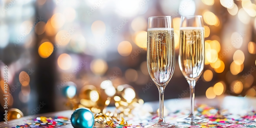 Two champagne glasses are on a table with a festive atmosphere. The table is covered with confetti and a blue ornament Two champagne glasses are on a table with a festive atmosphere. The table is covered with confetti and a blue ornament