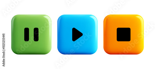 Set of 3d realistic play buttons. Video player template. Music player button. 3d vector icon. Colourful play pause stop buttons for modern style and designs. Vector graphic