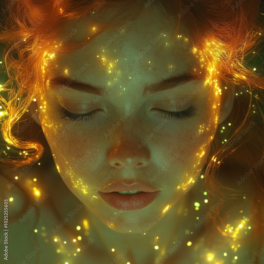 A close-up of a woman's face with glowing lights around her. The woman has closed eyes and freckles. A close-up of a woman's face with glowing lights around her. The woman has closed eyes and freckles.