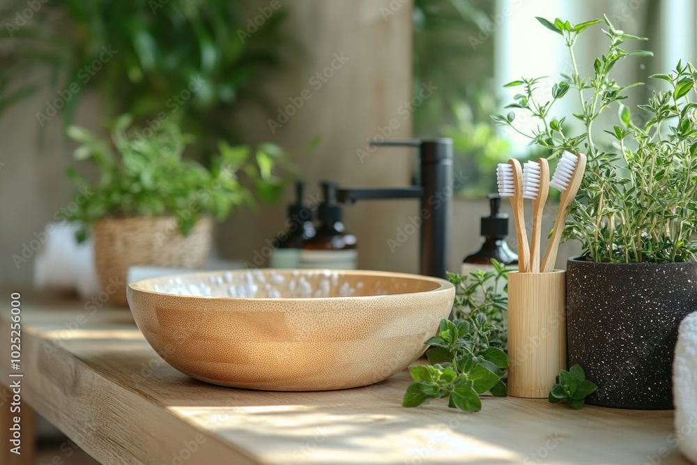 Wooden bathroom sink with natural elements and a wooden toothbrush holder. Wooden bathroom sink with natural elements and a wooden toothbrush holder.