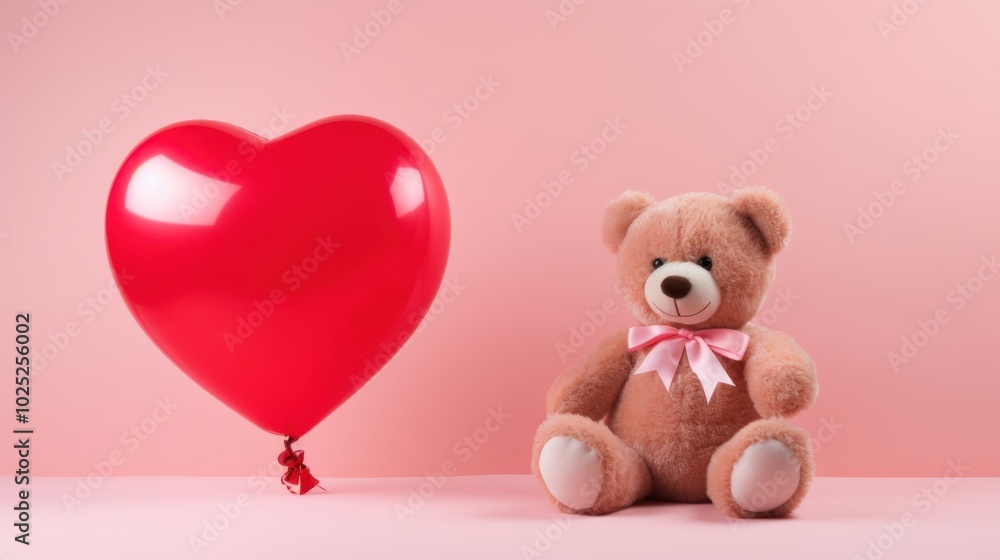 A heart-shaped balloon and a plush teddy bear on a pink background evoke themes of love, nostalgia, and gentle affection. A heart-shaped balloon and a plush teddy bear on a pink background evoke themes of love, nostalgia, and gentle affection.
