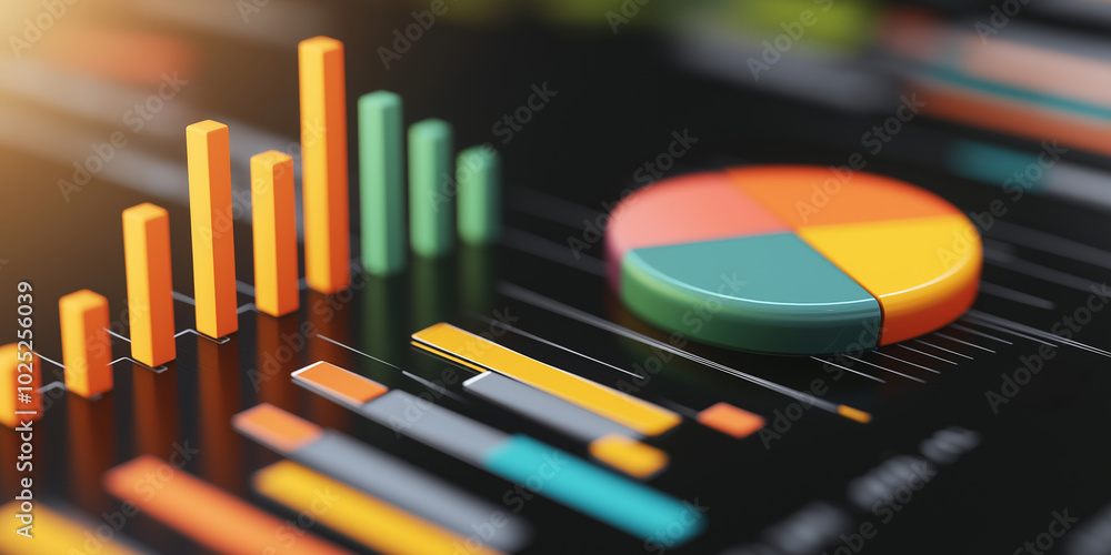 A colorful pie chart is on top of a black background with a series of orange and green bars A colorful pie chart is on top of a black background with a series of orange and green bars