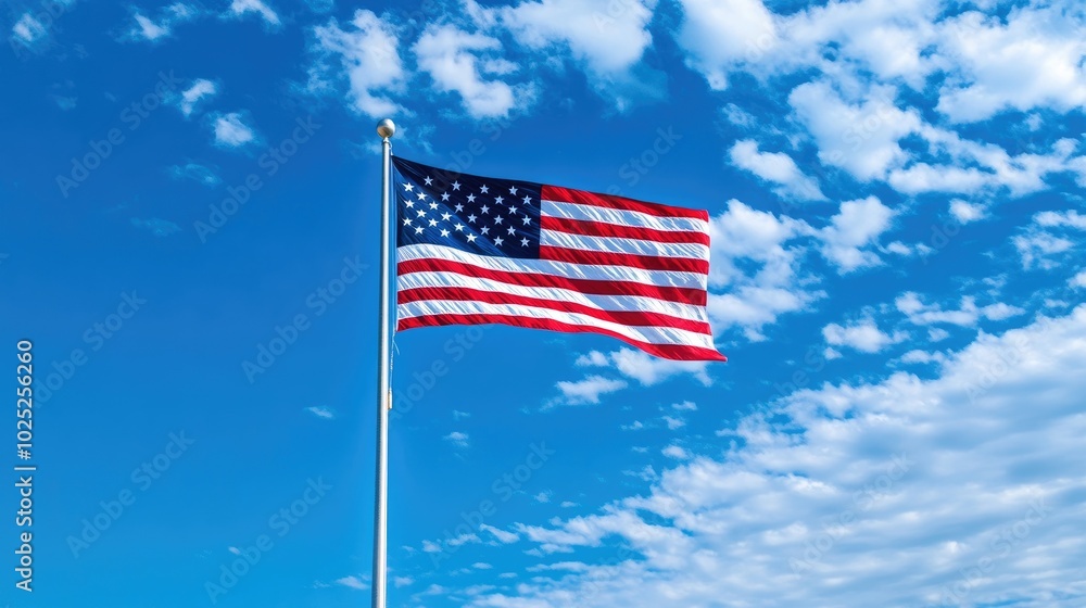A waving American flag in the foreground with a clear blue sky and soft clouds as the backdrop A waving American flag in the foreground with a clear blue sky and soft clouds as the backdrop