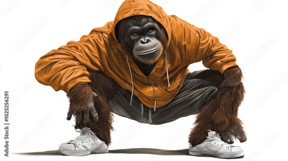 Fototapeta premium Orangutan Wearing Hoodie and Sneakers Urban Streetwear Animal Fashion Cool Ape