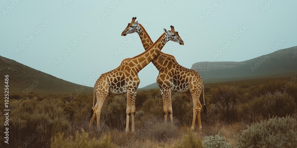 Obraz premium Two giraffes are standing close to each other in a grassy field. The scene is calm and tranquil, with the giraffes looking towards the camera. The grass is tall and green, and the sky is clear
