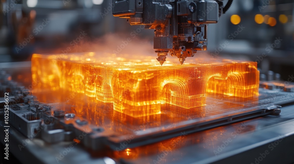 Close-up of a 3D printer in action, with the hot plastic melting and forming a complex object. Close-up of a 3D printer in action, with the hot plastic melting and forming a complex object.