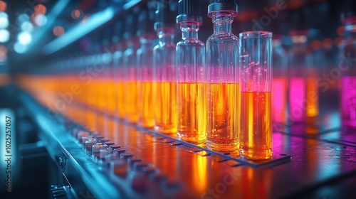 A close-up of a production line with rows of glass vials filled with brightly colored liquids  illuminated by blue and pink lighting.
