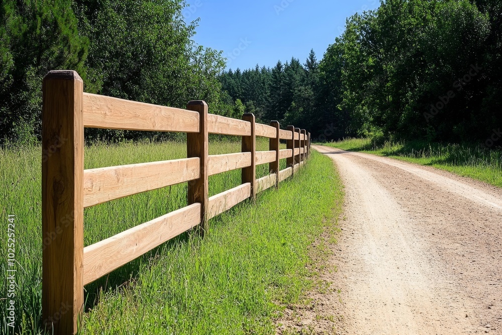 Single wooden fence separating a field from a dirt road, with no other distractions, symbolizing the quiet simplicity of rural life Single wooden fence separating a field from a dirt road, with no other distractions, symbolizing the quiet simplicity of rural life