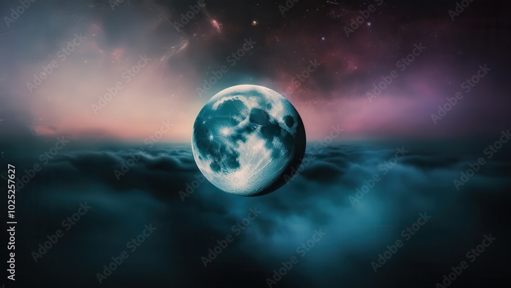 Surreal landscape featuring a large, detailed moon with misty horizon and starry sky Surreal landscape featuring a large, detailed moon with misty horizon and starry sky
