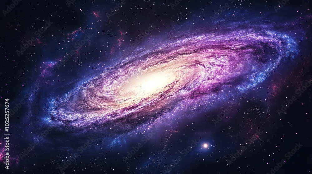 A vast, cosmic scene unfolds with swirling nebulae in deep purples and blues, dotted with countless stars that twinkle faintly. At the center, a massive, swirling galaxy slowly rotates A vast, cosmic scene unfolds with swirling nebulae in deep purples and blues, dotted with countless stars that twinkle faintly. At the center, a massive, swirling galaxy slowly rotates