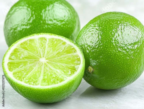 A vibrant green lime, with one half cut to reveal its juicy interior, showing bright green segments. The lime has a smooth, glossy surface, with tiny texture details.  photo