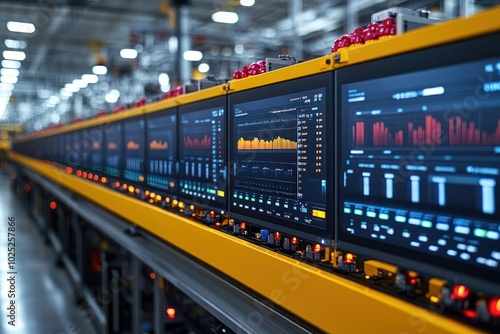 A row of computer screens displaying data in a factory setting.