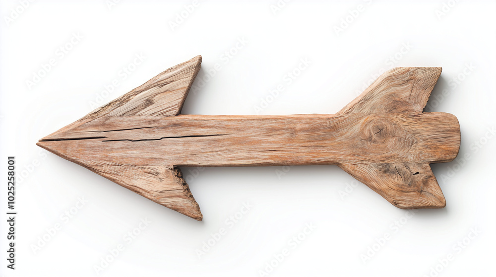 A rustic wooden arrow pointing to the left on a white background. A rustic wooden arrow pointing to the left on a white background.
