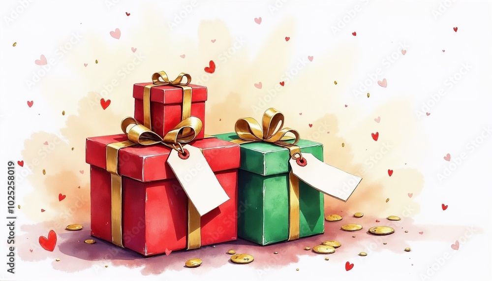 Red and green gift boxes with bows on a festive background of hearts Red and green gift boxes with bows on a festive background of hearts