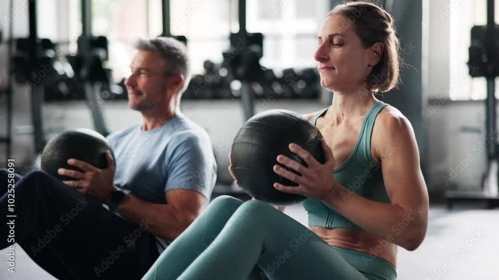Couple Doing Abdominal Sit Up Workout In Gym Couple Doing Abdominal Sit Up Workout In Gym