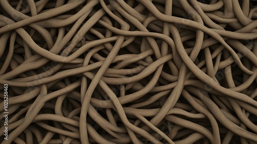 Abstract background of tangled brown cords or ropes.